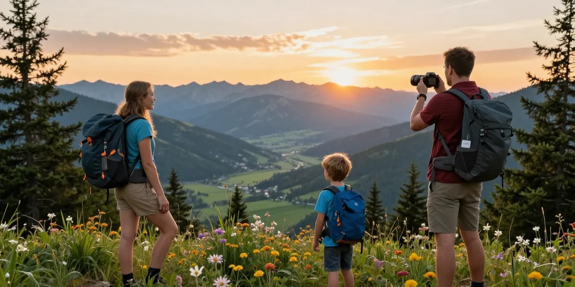 Family adventure at mountain viewpoint with mantra88 in beautiful sunset.
