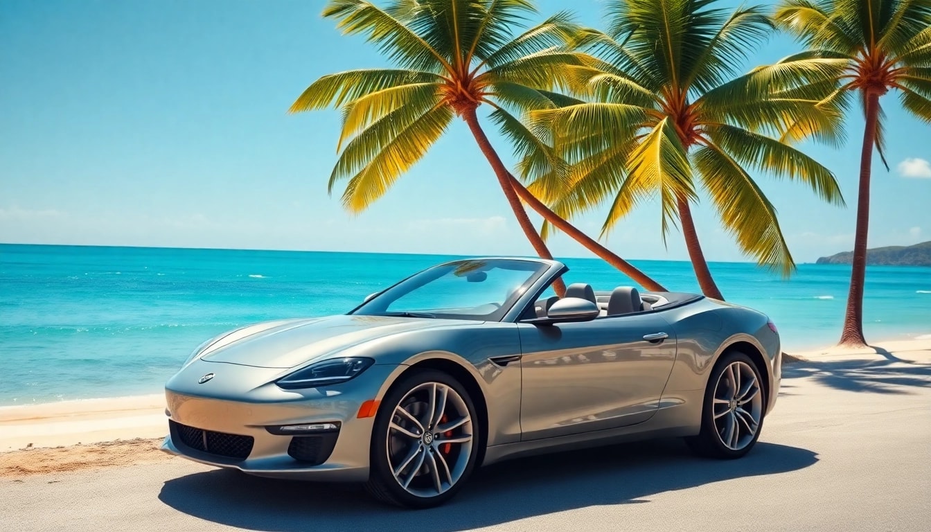 Experience premium car rental st barts with a luxury convertible against a beautiful coastal backdrop.