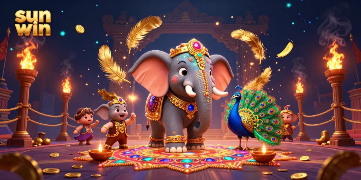 Experience sun win's vibrant gaming atmosphere with a 3D Diwali-themed illustration filled with gold coins and festive elements.