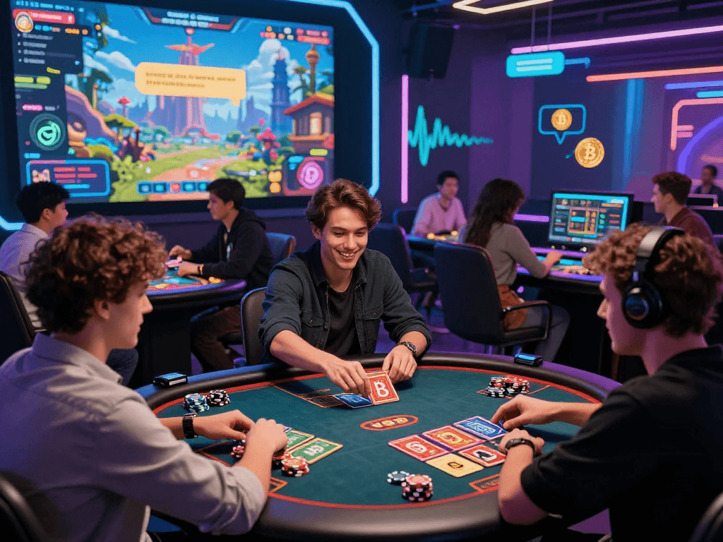 Engaged players at a vibrant crypto casino with avatars and floating cryptocurrency symbols, capturing excitement.