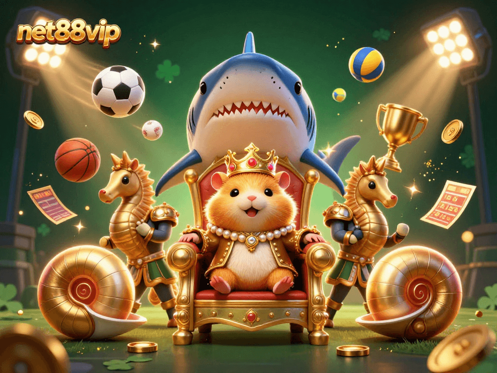 Experience net88vip with a dynamic scene featuring the hamster king and royal seahorse guards in a rich casino backdrop.