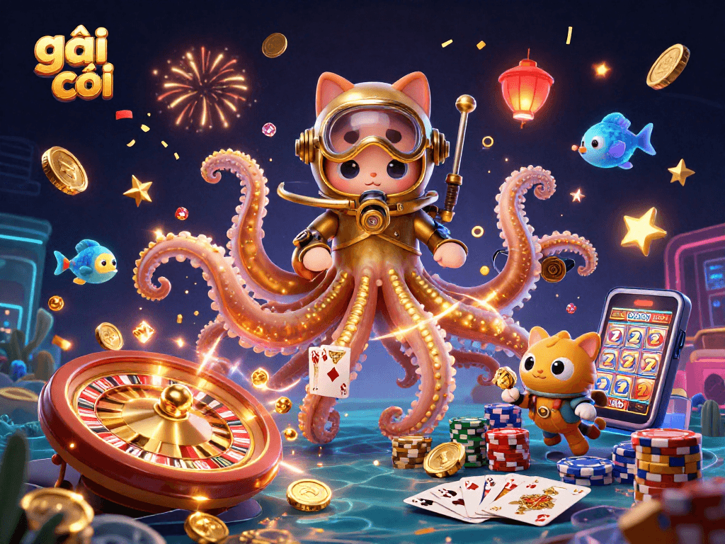 Gái gọi tham gia vào trò chơi casino với kraken khổng lồ và cá phát quang, mang đến trải nghiệm hấp dẫn.