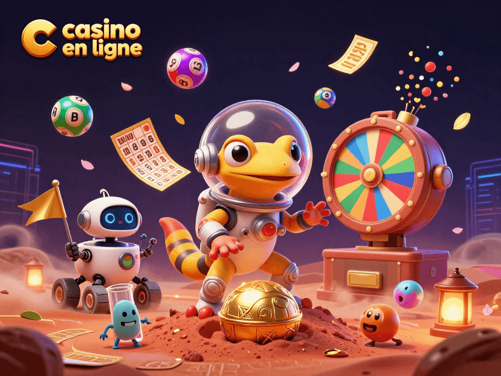 Jouez sur casino en ligne tout en découvrant une illustration colorée d'un gécko martien et un rover robot.