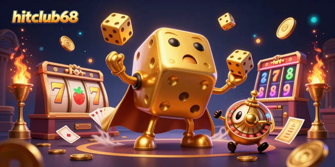 Experience the excitement of hitclub68 with golden dice and dynamic slot game elements in a vibrant casino theme.