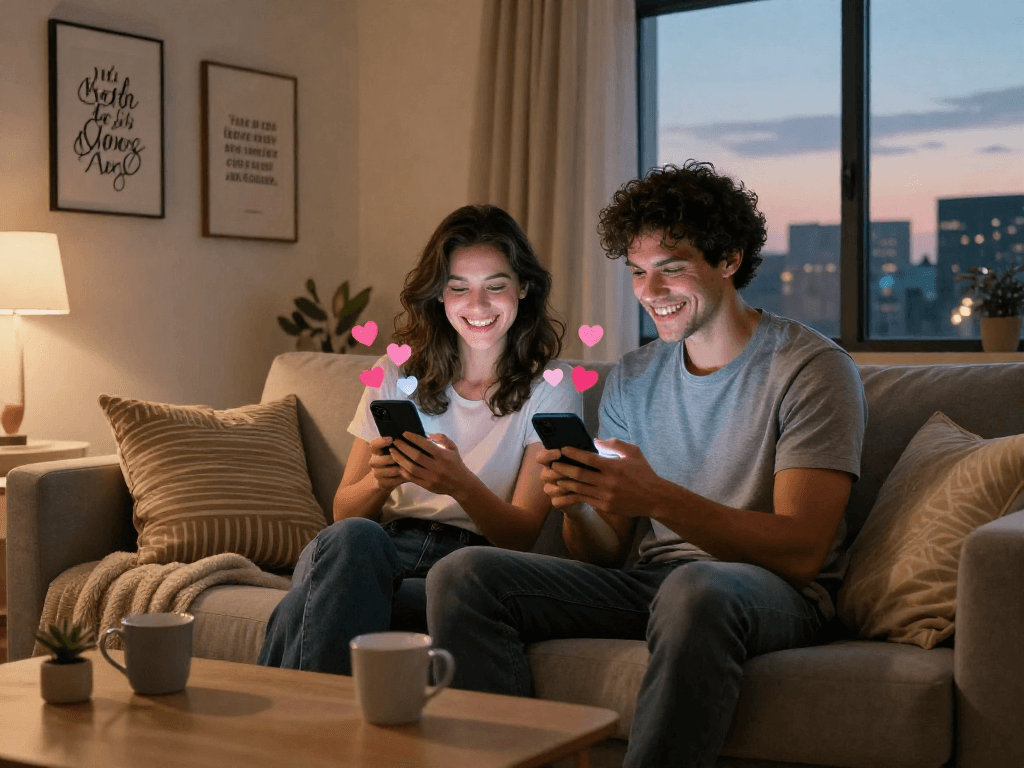 Engaging ai sexting scene with couple playfully texting in a cozy home setting
