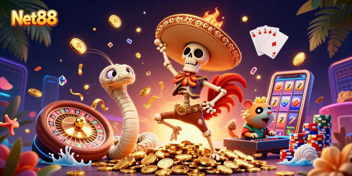 Experience the thrill of Net88 with vibrant casino elements in a festive 3D scene.