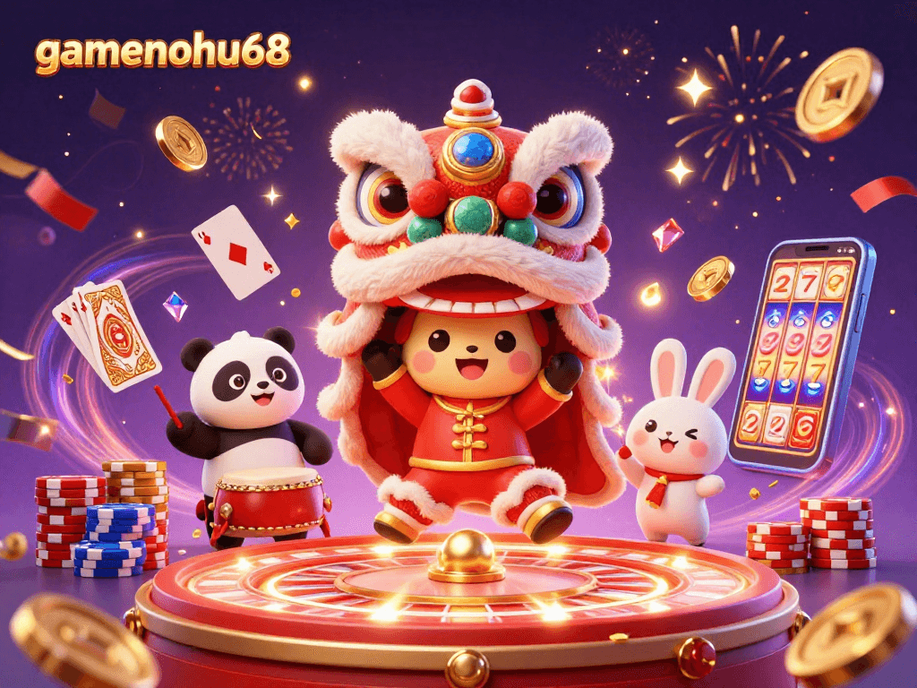 Experience gamenohu68 excitement with vibrant casino elements, festive characters, and dynamic gaming scenery.