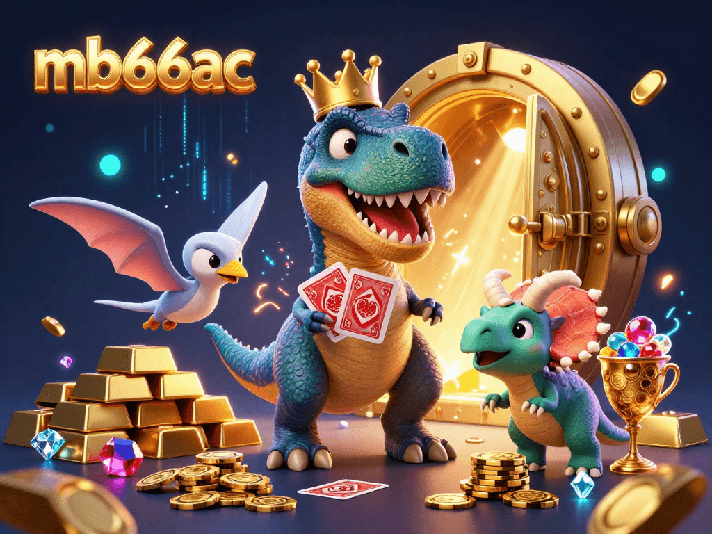 Engage in thrilling gameplay with mb66ac featuring a friendly T-Rex shuffling cards and vibrant casino treasures.
