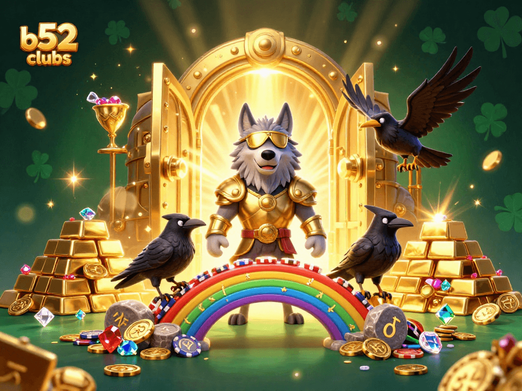 Engage at b52clubs with a vivid 3D illustration of Odin, his ravens, and a vibrant casino theme.