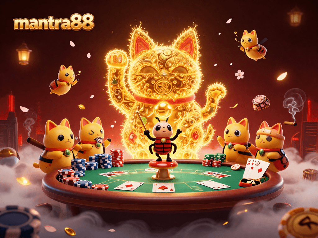 Experience mantra88's thrilling gaming world with a giant lucky cat and poker excitement.