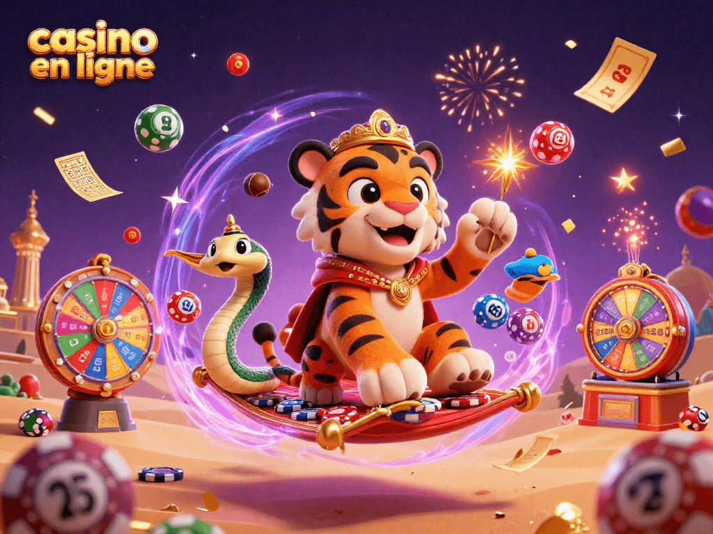 Casino en ligne : Tigre sultan et génie, jeux et loteries festifs au milieu d'une scène magique.