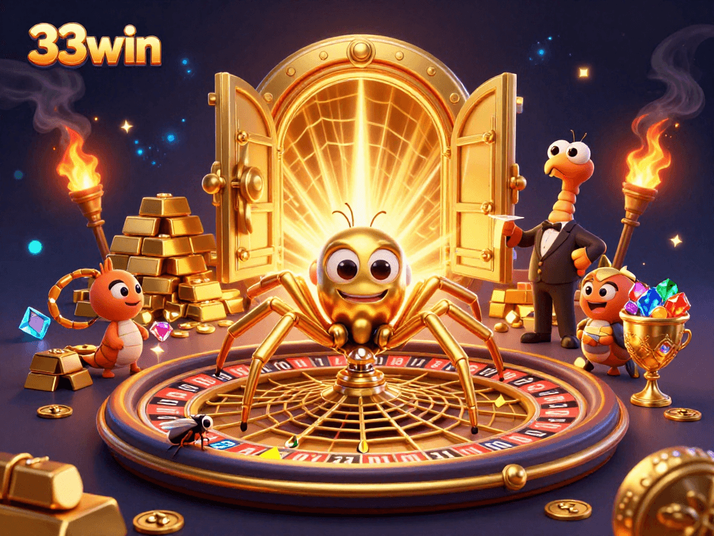 Place bets and win big with the thrilling 33win casino experience, featuring a roulette-inspired scene.