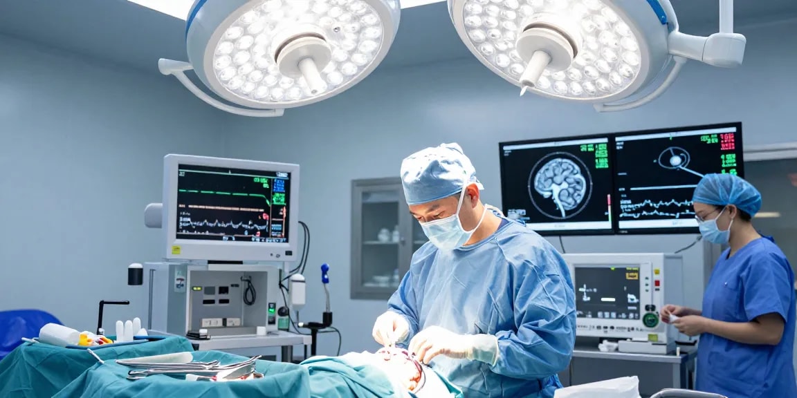 Performing beyin ameliyatı in a modern surgical setting with advanced technology and a dedicated team.