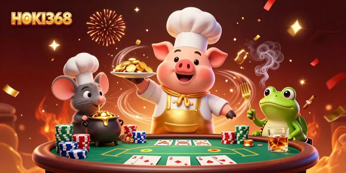 Join HOKI368 in a lively scene featuring a chef pig, sous-chef mouse, and critic frog at a poker showdown.