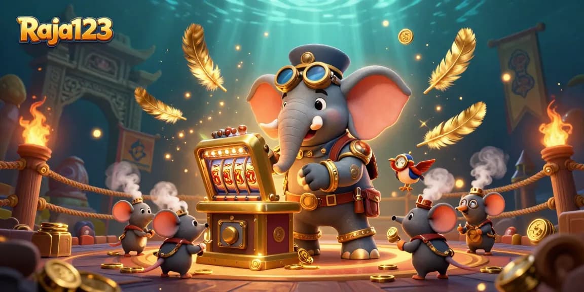 Experience the thrilling slot action with Raja123 illustrated by a steampunk elephant engineer and golden machine.