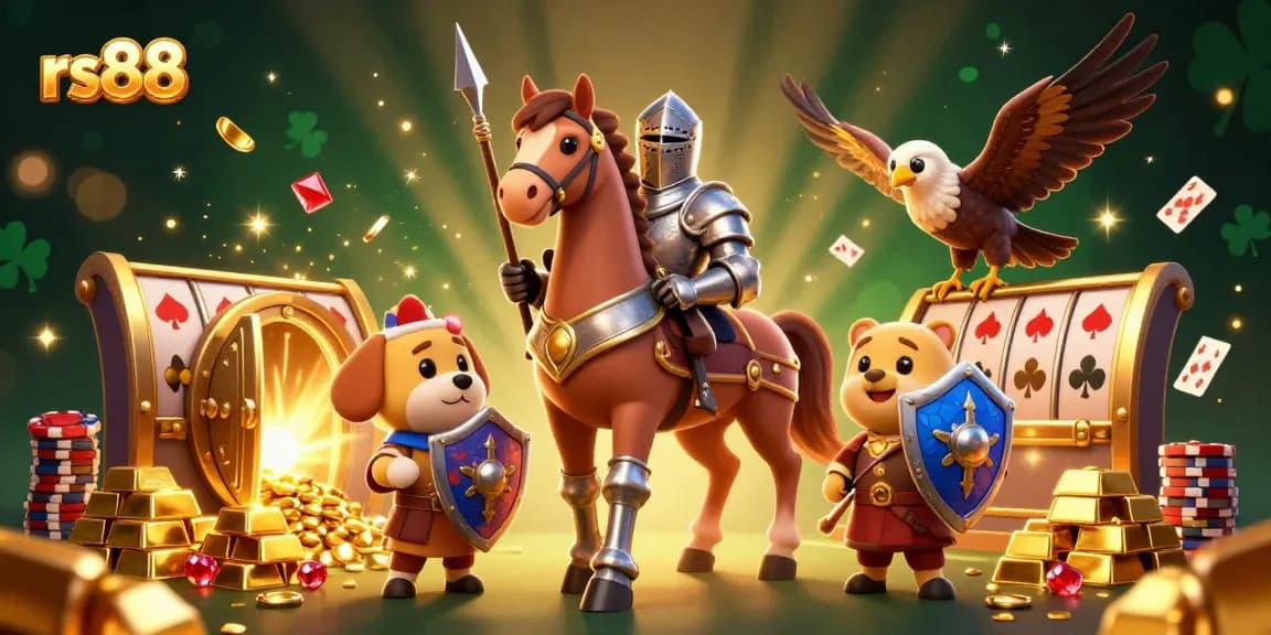 Experience the excitement of rs88 casino with knights, treasure, and sparkling elements in a lively scene!