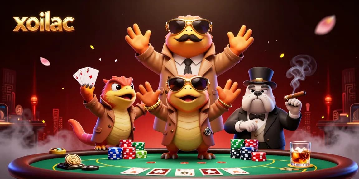Xoilac raptors sneak into a VIP casino lounge, showcasing vibrant poker elements and lively atmosphere.