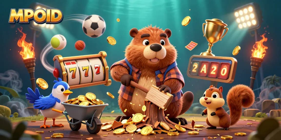 MPOID showcases a lively scene with a lumberjack beaver, golden coins raining down, and slot reels for a thrilling gaming experience.