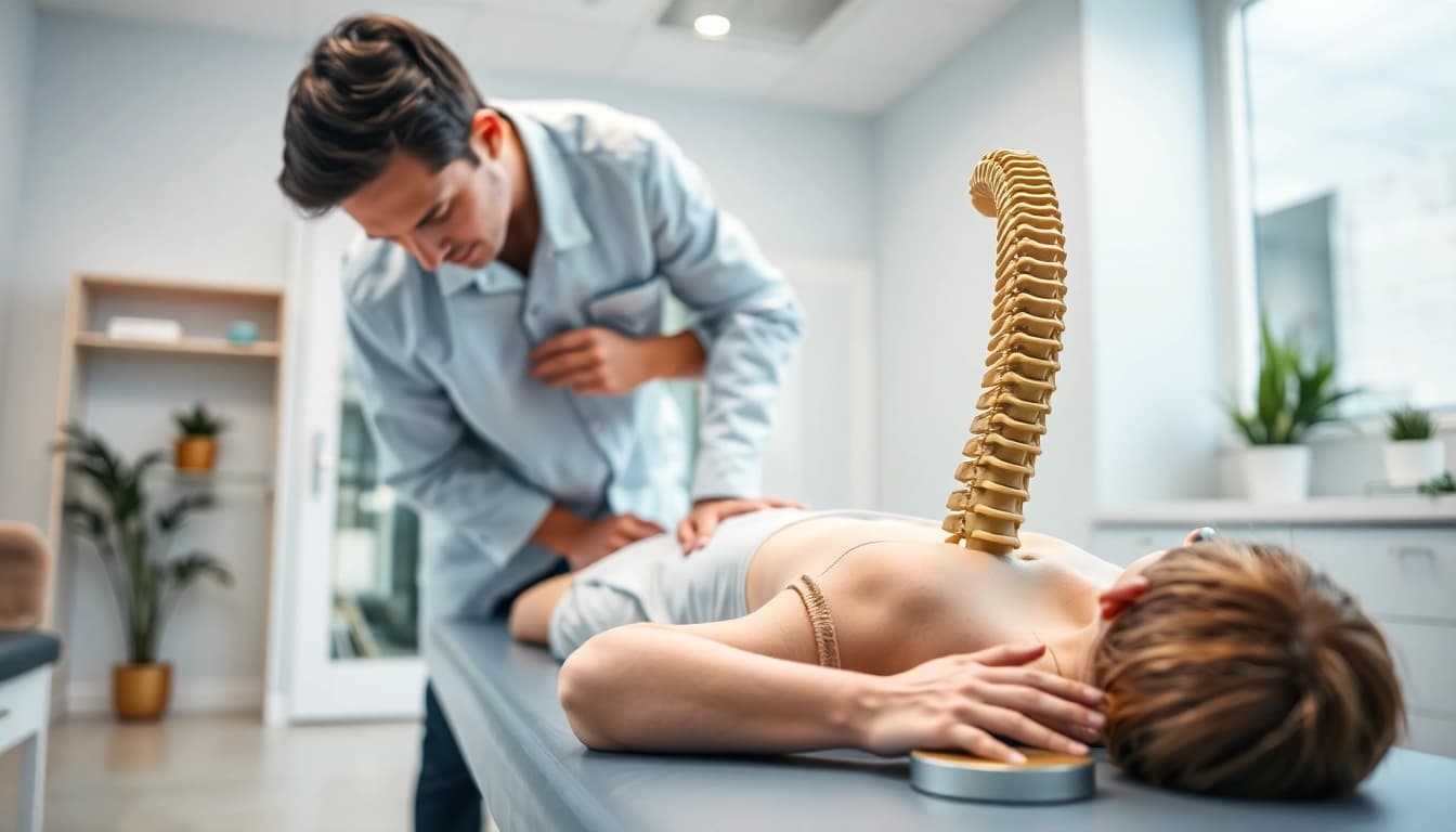 Chiropractor demonstrating back pain relief techniques in a calming clinic.