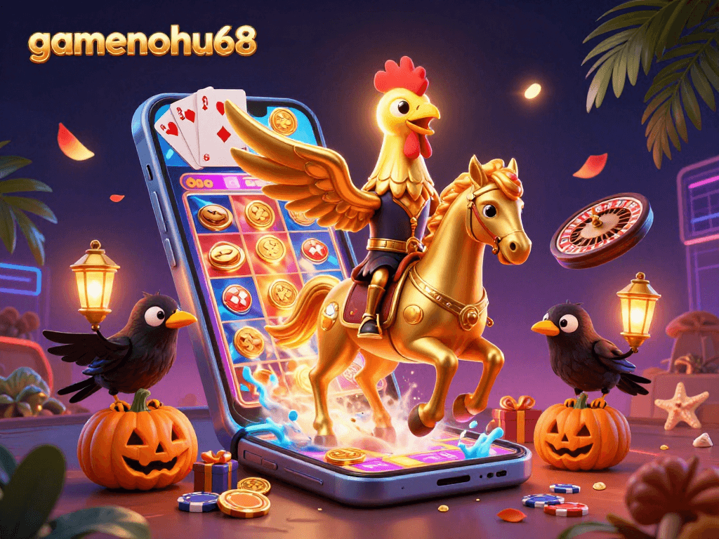 Experience thrilling wins at gamenohu68 with an enchanting 3D casino scene filled with vibrant slot games and whimsical characters.