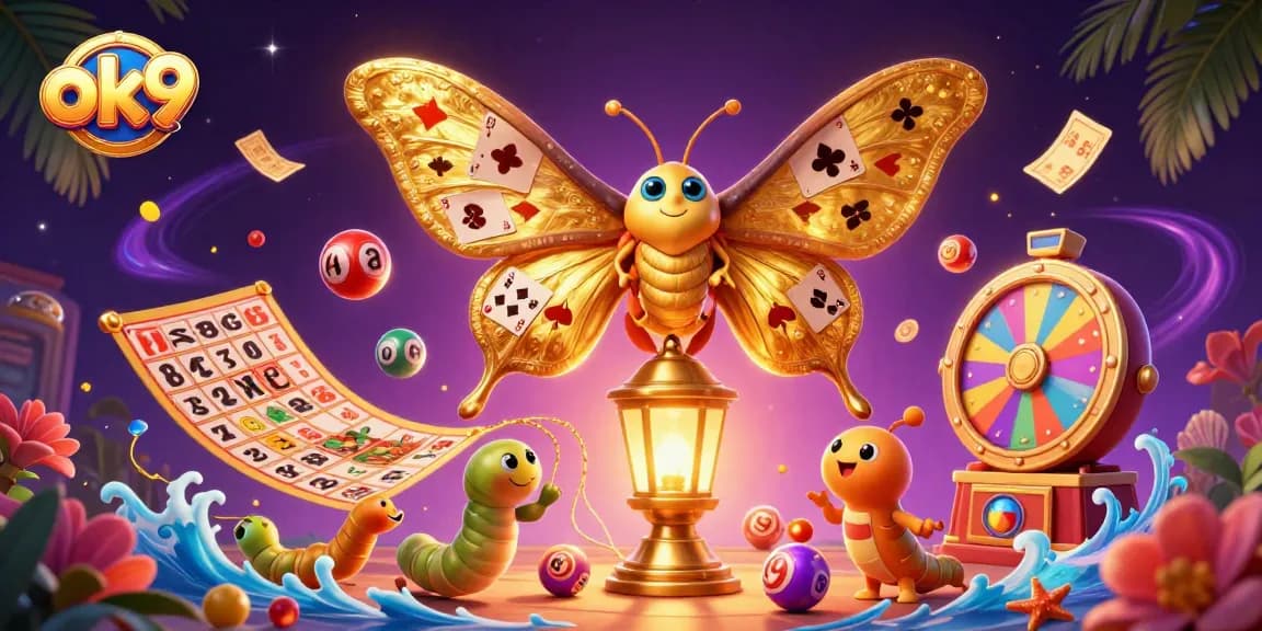 Engage with ok9's vibrant casino experience featuring colorful lottery elements, illuminated moth, and dynamic prize scenes.