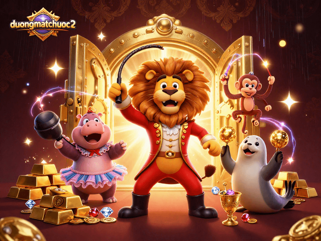 Engage in the excitement of duongmatchuoc2 with vibrant circus characters amid golden treasures and casino visuals.