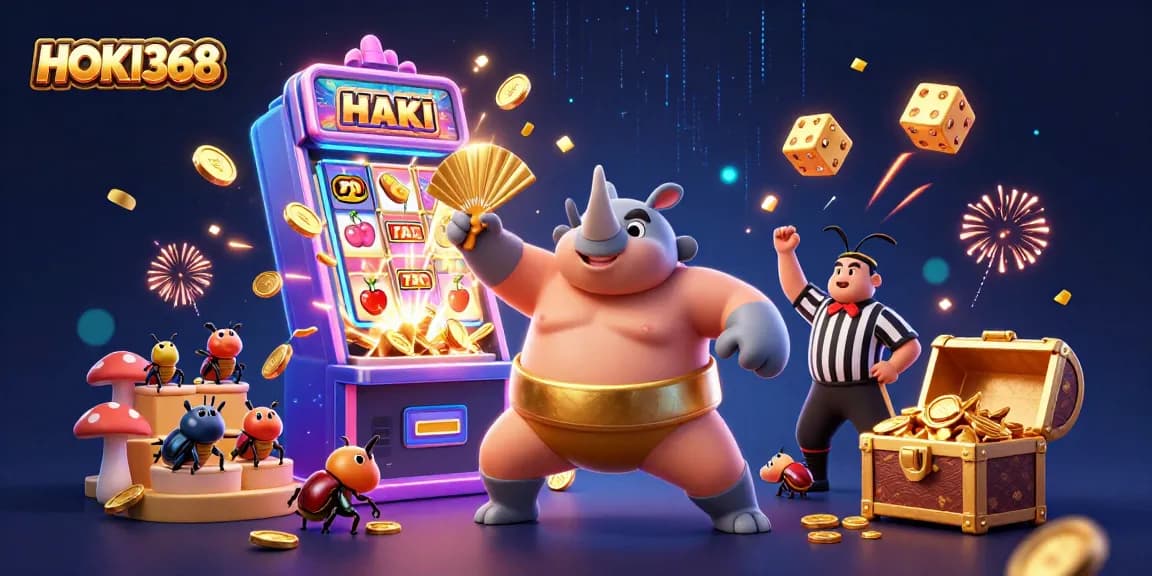 Engage with HOKI368’s vibrant casino realm featuring a sumo beetle champion amid flying coins and lively game elements.