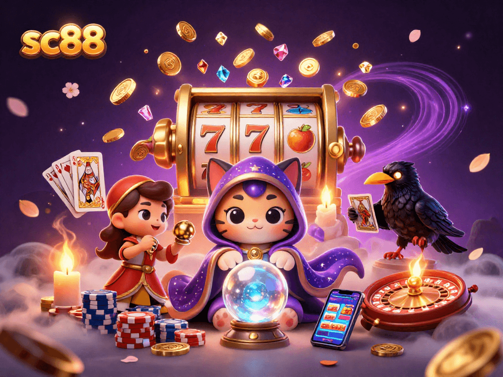 Engage with sc88's vibrant 3D casino scene showcasing a mystical fortune teller and enchanting game elements.