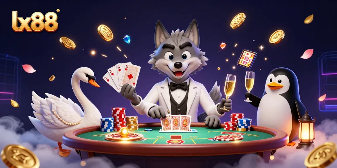 LX88 game experience featuring a debonair wolf, elegant swan, and penguin presenting luxuries.