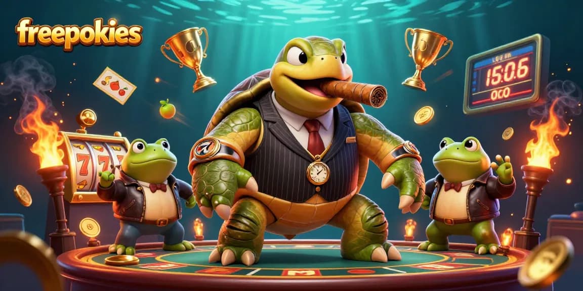 Engage with freepokies as a massive turtle in a pinstripe suit leads gaming fun with bullfrog enforcers.