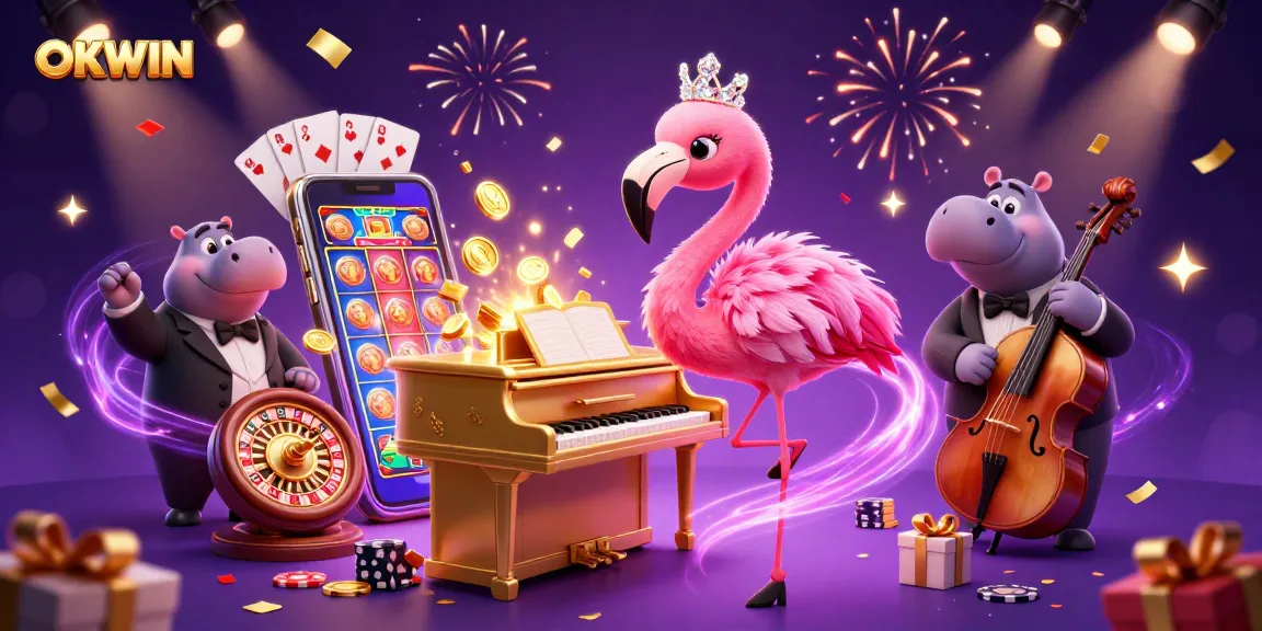 Experience the excitement of OKWIN with a flamingo singer and hippo bassist in a vibrant casino scene.