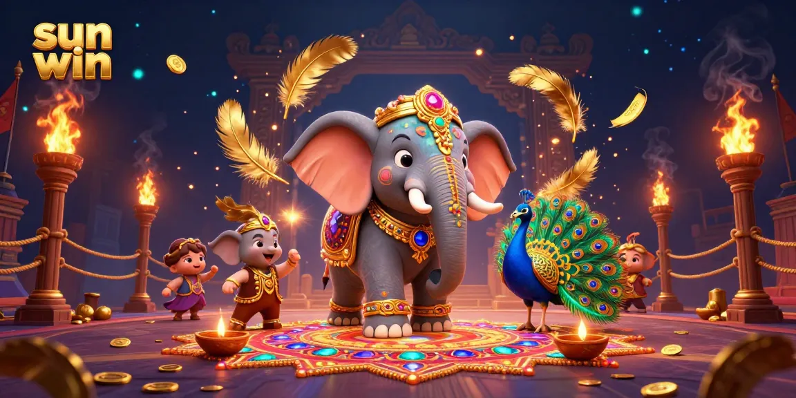 Experience sun win's vibrant gaming atmosphere with a 3D Diwali-themed illustration filled with gold coins and festive elements.