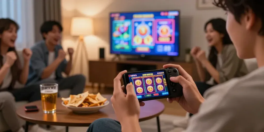 Permainan apk slot di smartphone dengan suasana santai di ruang tamu.