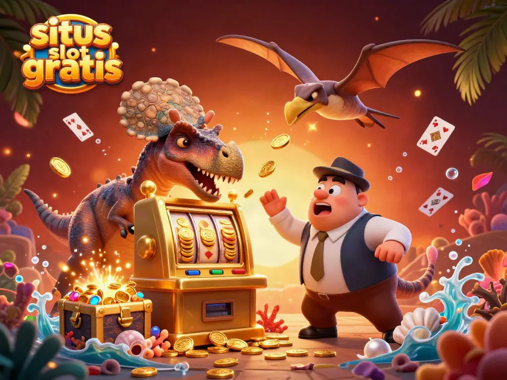 Experience situs slot gratis with a fun 3D illustration of dinosaurs in a casino scene.