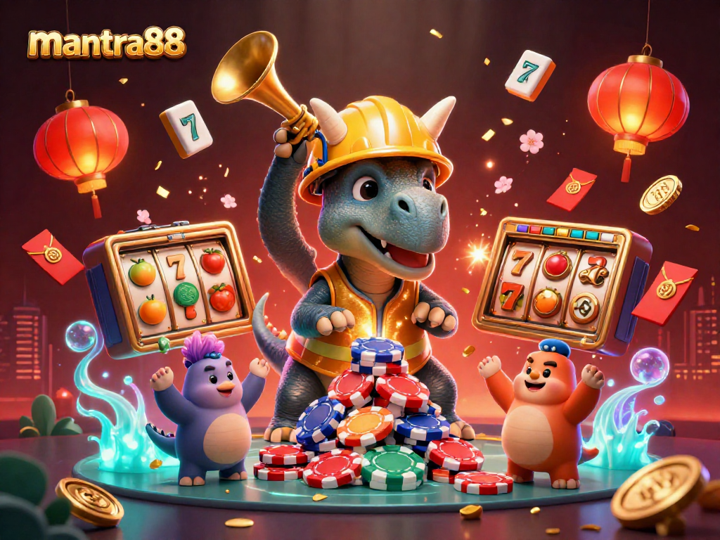 Experience thrilling wins at mantra88 with a dynamic casino scene featuring 3D characters and games.