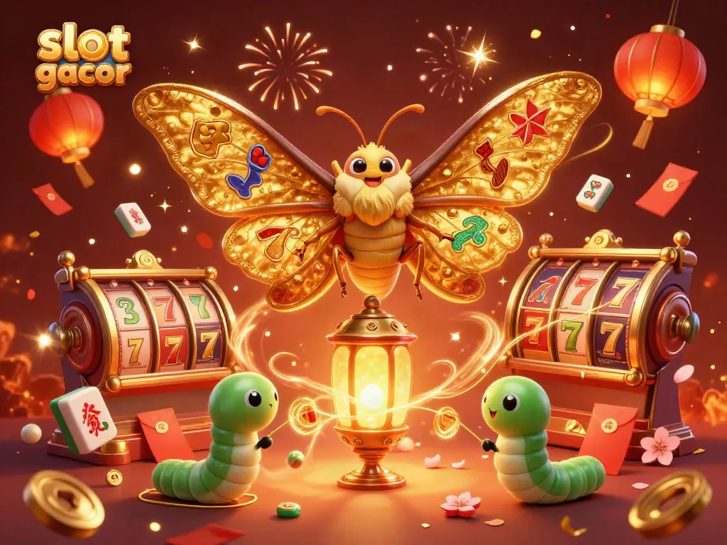 Engage in slot gacor adventures with a vibrant 3D illustration of a golden moth and casino scenes.