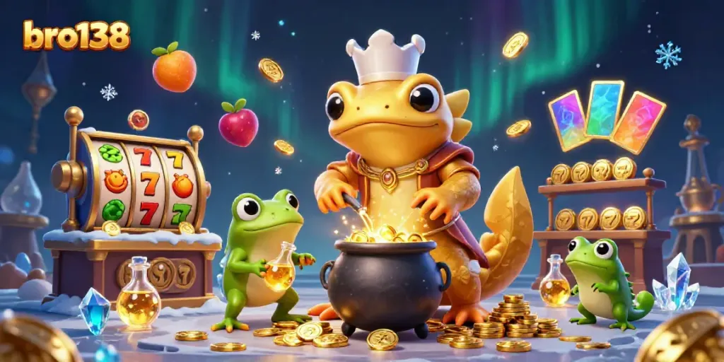 Experience thrilling spins at bro138 with a golden salamander alchemist surrounded by jackpots and lively casino elements.