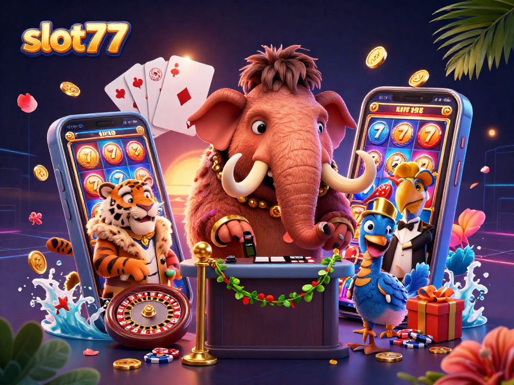 Experience excitement with slot777 in this vibrant 3D casino scene featuring a woolly mammoth bouncer.