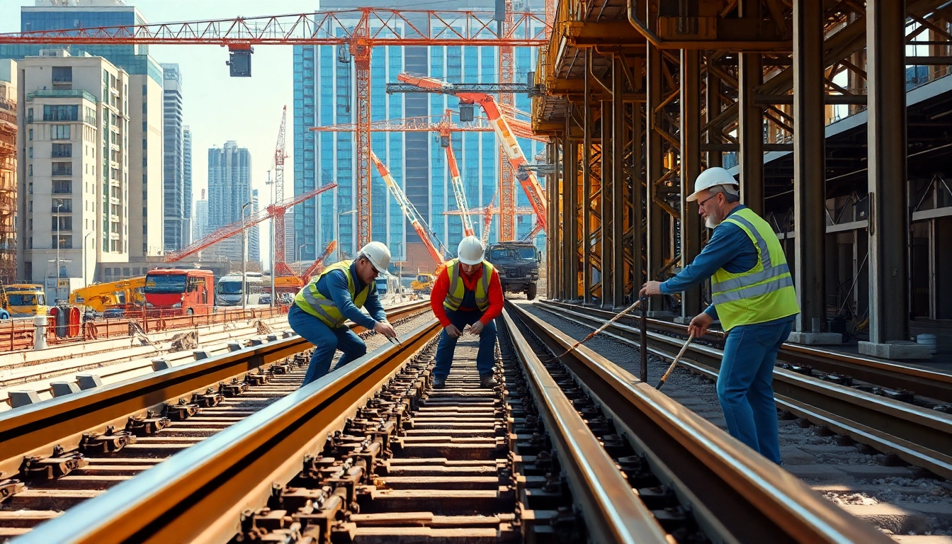 Rail systems company workers diligently constructing a new rail line in an urban environment.