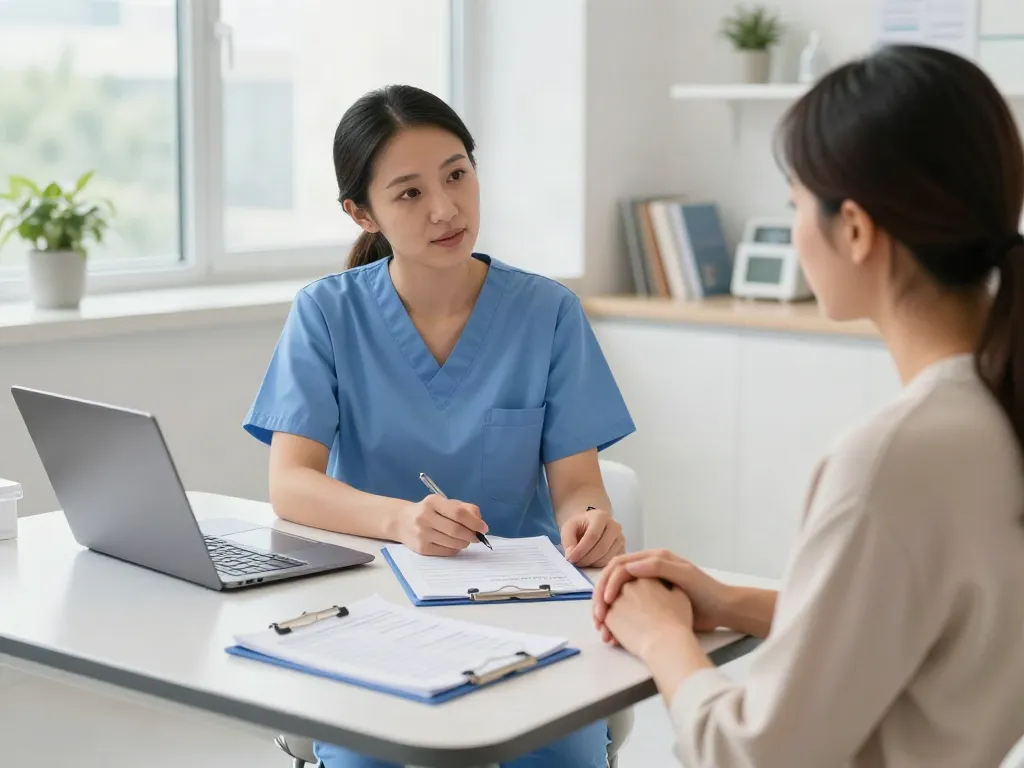 Breast cancer surgery Abu Dhabi - compassionate surgeon consulting with patient in a modern hospital.