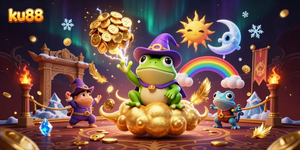ku88 welcomes players with a vibrant promotional illustration depicting thrilling gaming experiences and rewards.
