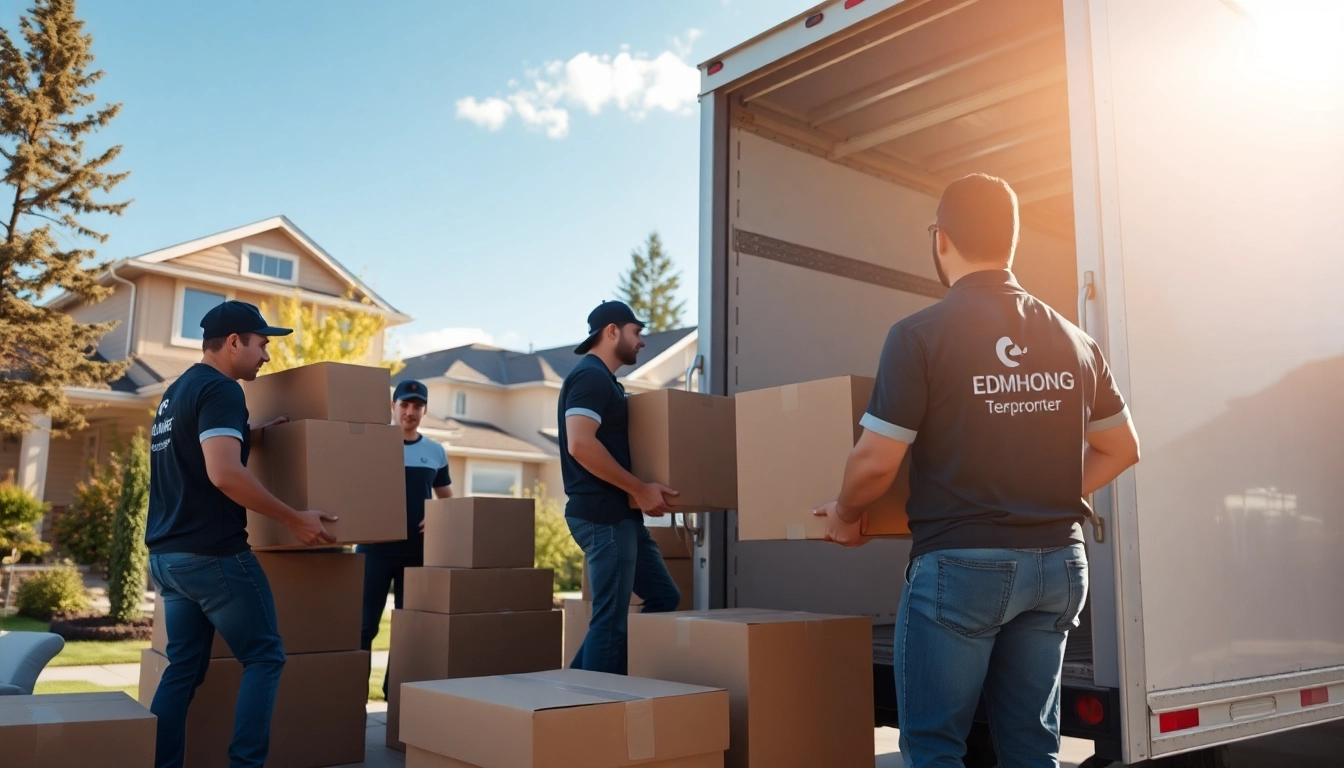 Efficient movers from moving companies edmonton loading a truck with packed boxes in a sunny neighborhood.
