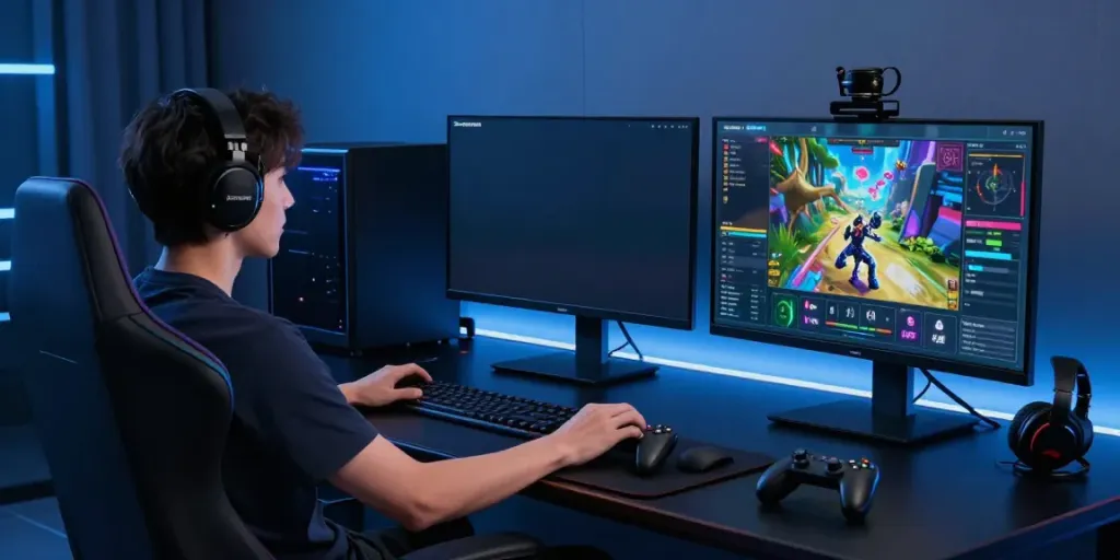 Engaging situs singatoto gaming environment with immersive multi-screen setup and vibrant graphics.