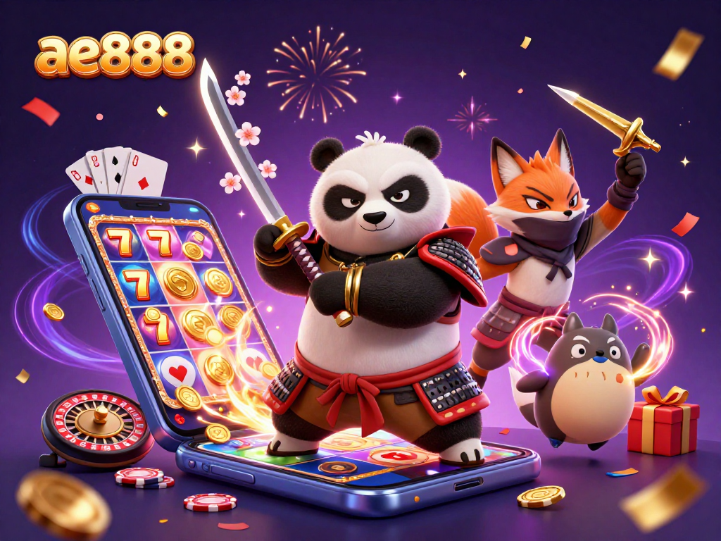Experience excitement with ae888: a dynamic illustration of characters in a colorful slot gaming scene.