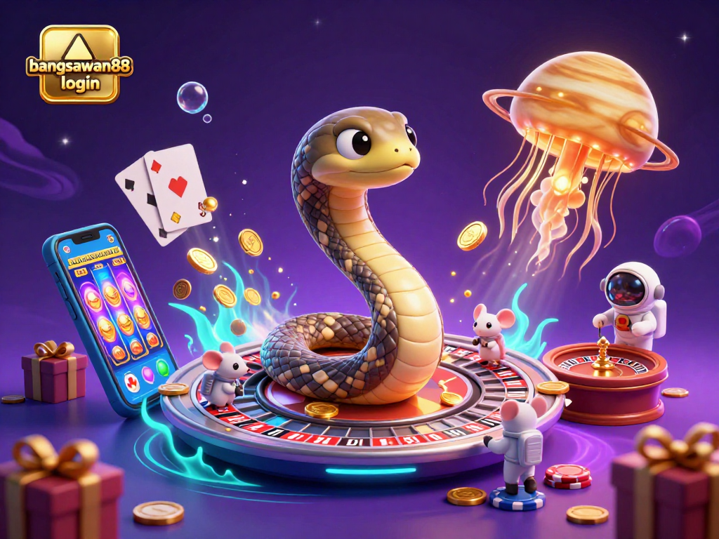 Engage with bangsawan88 login and place bets in this vibrant cosmic casino scene featuring a roulette wheel and animated characters.