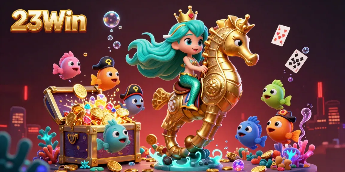 Experience the excitement of 23Win with a vibrant 3D mermaid princess riding a golden seahorse amidst treasure and casino elements.