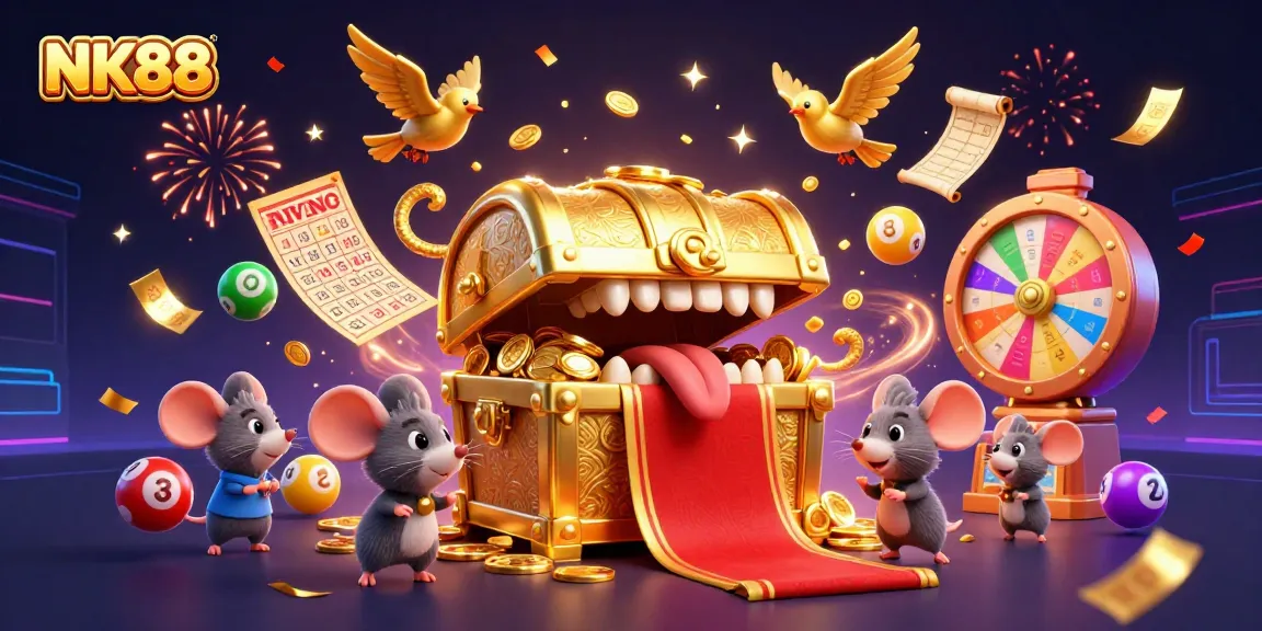 Engage in thrilling lottery action with NK88, showcasing a vibrant, dynamic casino scene full of game elements.