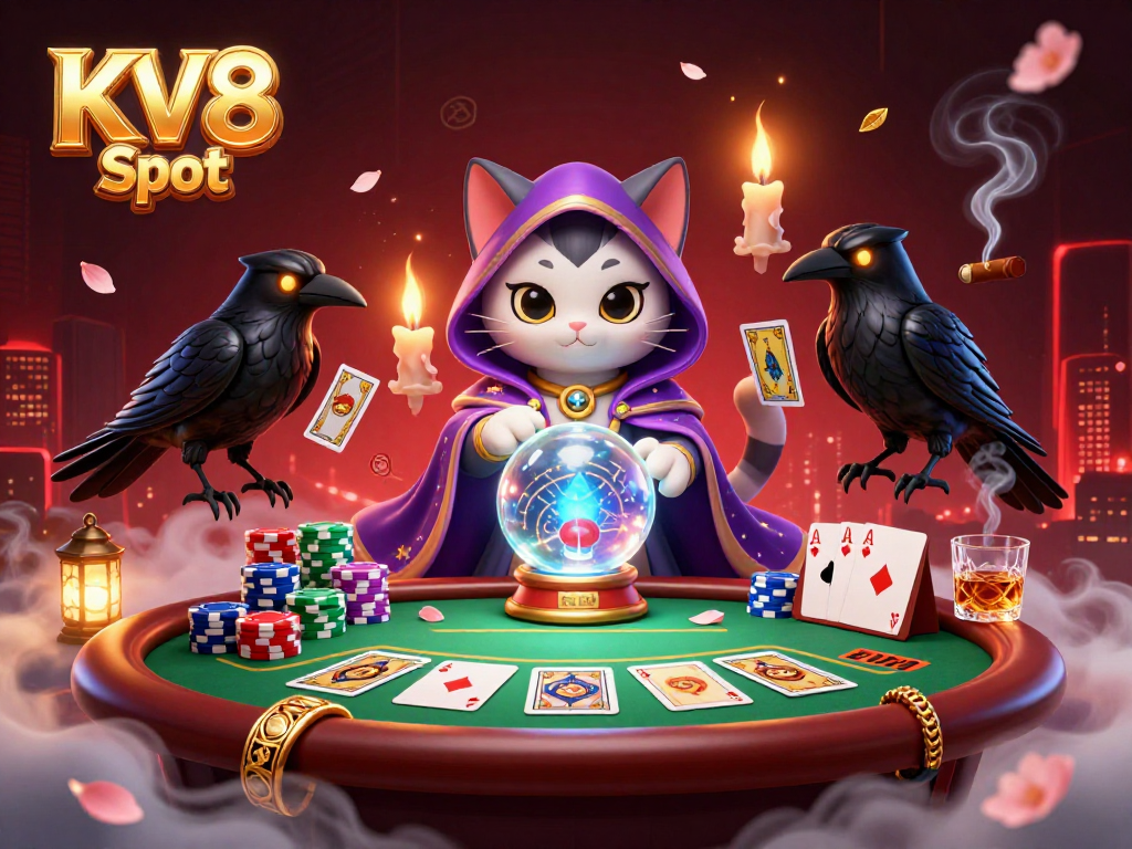 Experience the magic of KV8 Slot with a vibrant 3D casino scene full of mystics and gaming elements.