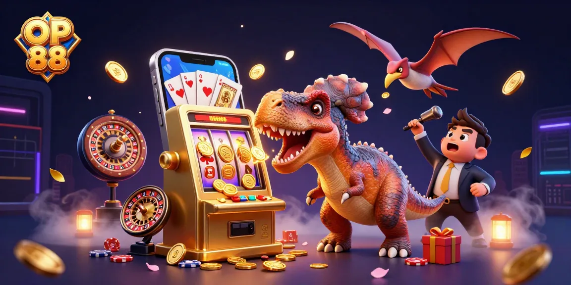Experience the thrill of OP 88 with a cartoon pachycephalosaurus celebrating jackpot payouts amidst vibrant casino elements.
