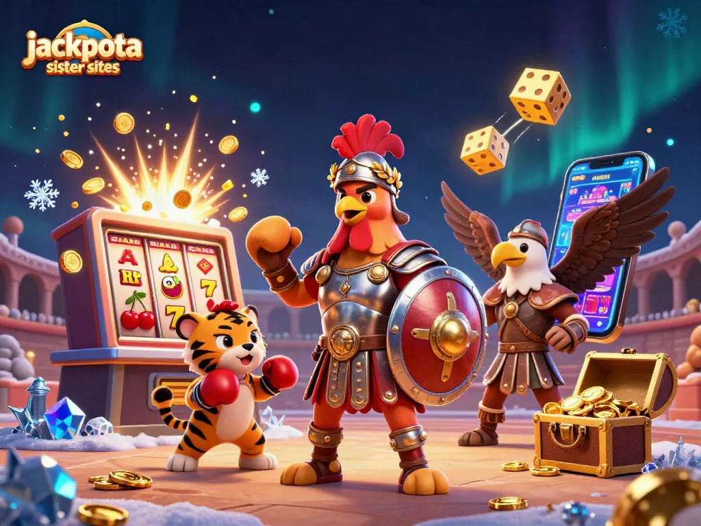 Explore jackpota sister sites with a cartoon gladiator rooster amid casino-themed chaos.